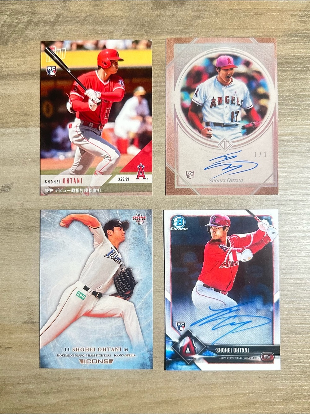 Shohei Ohtani Signed Rookie Lot of (4) BBM Topps Novelty Baseball Cards.